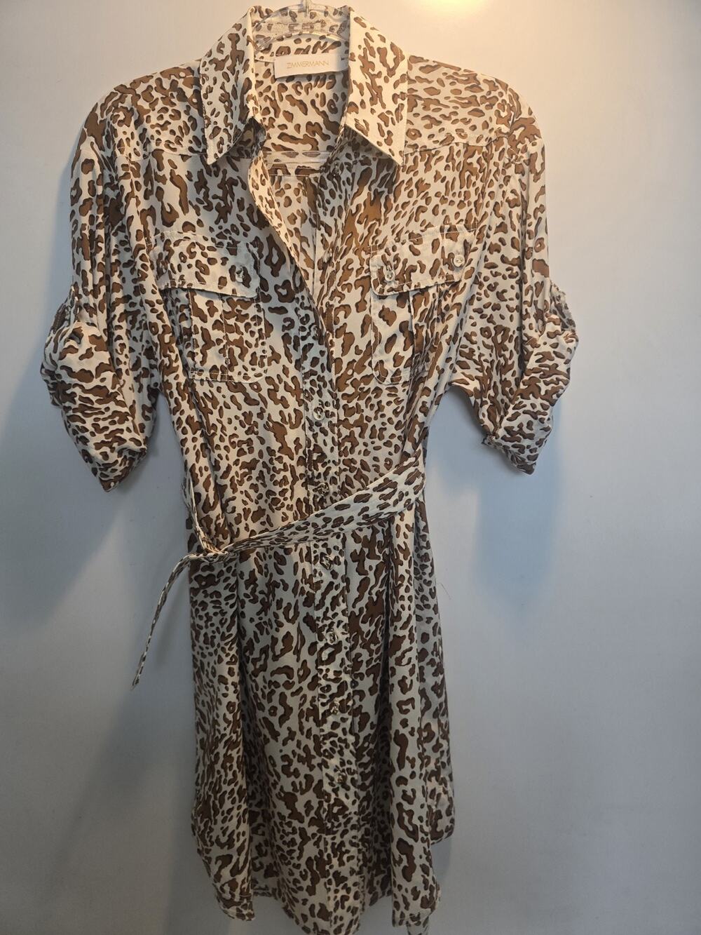 Zimmermann Leopard Print Silk Knee Length Dress Belted Shirt Dress Size 0 *flaw